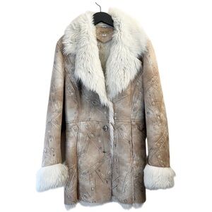 Vintage Boho Embroidered Shearling Coat Tan with Faux Fur Daisy Jones